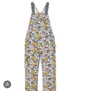 Duluth Trading Co Gray Floral Overalls with sage Pink Yellow Blue Accents